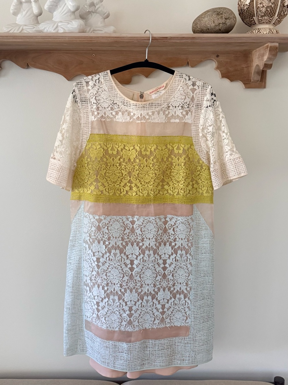 Rebecca Taylor Lace Panel Shift Dress in Yellow, Cream, Light Blue